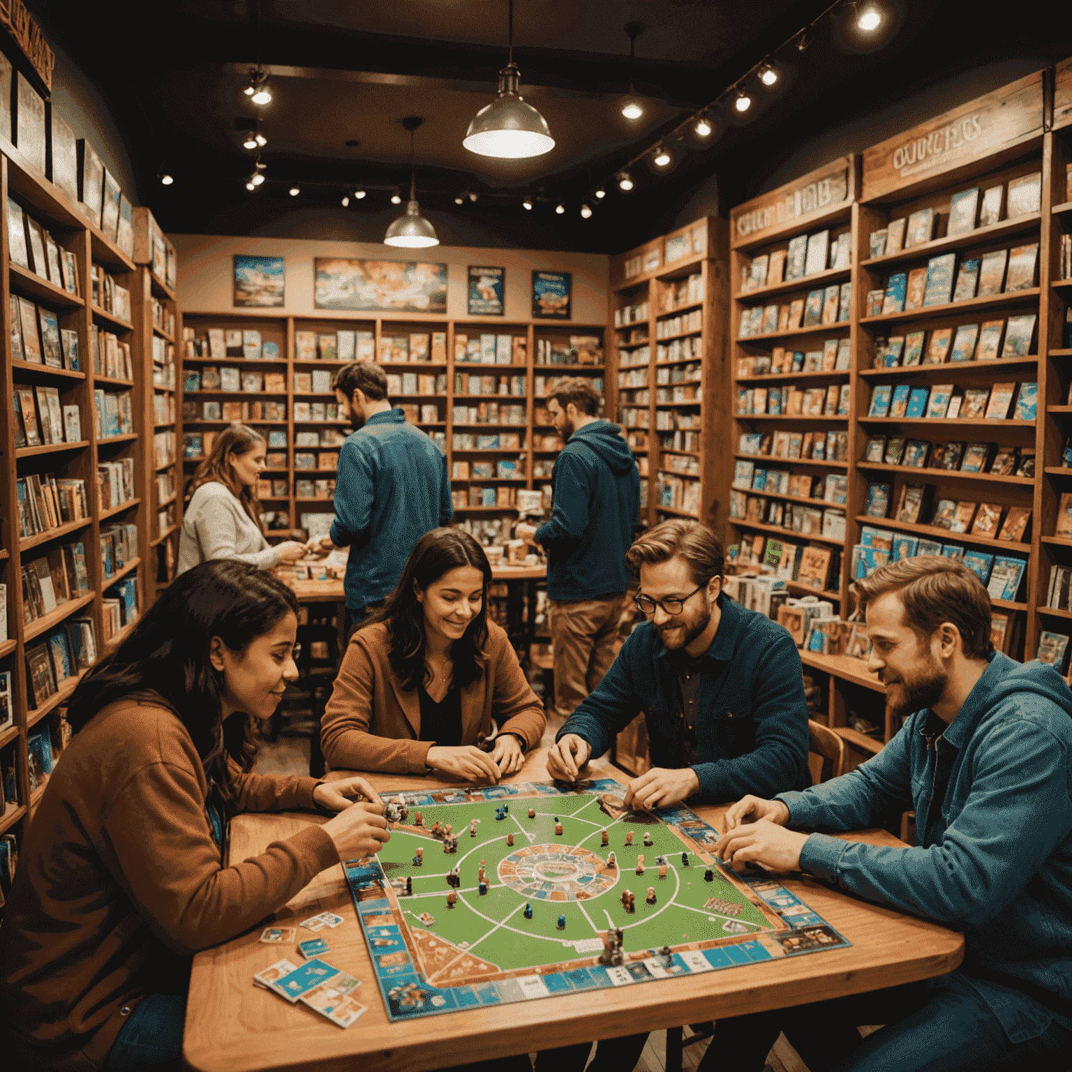 A diverse group of people playing various board games in a cozy, well-lit game store. Shelves filled with colorful board game boxes line the walls.