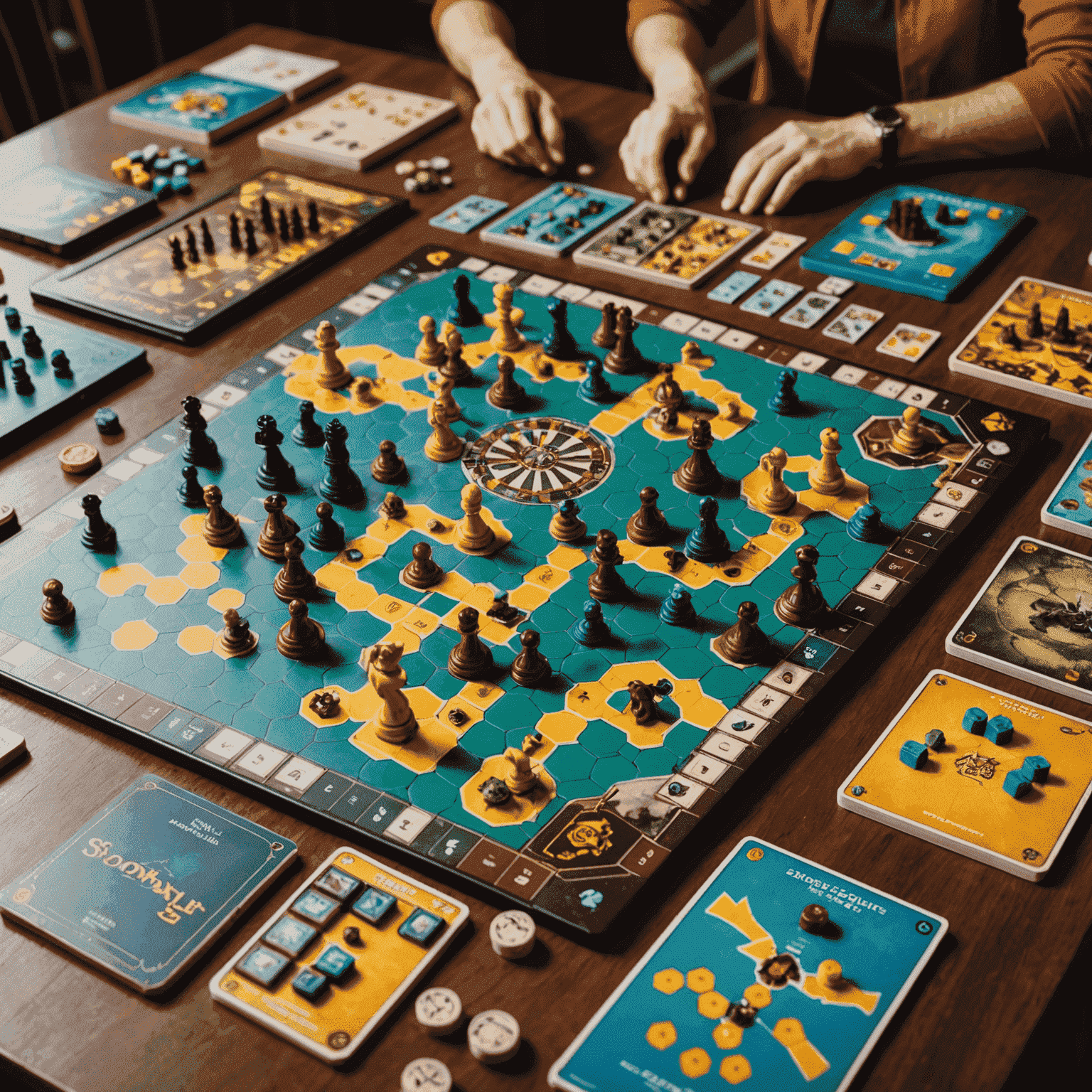 Various strategy board games laid out on a table, showcasing intricate game pieces and colorful boards