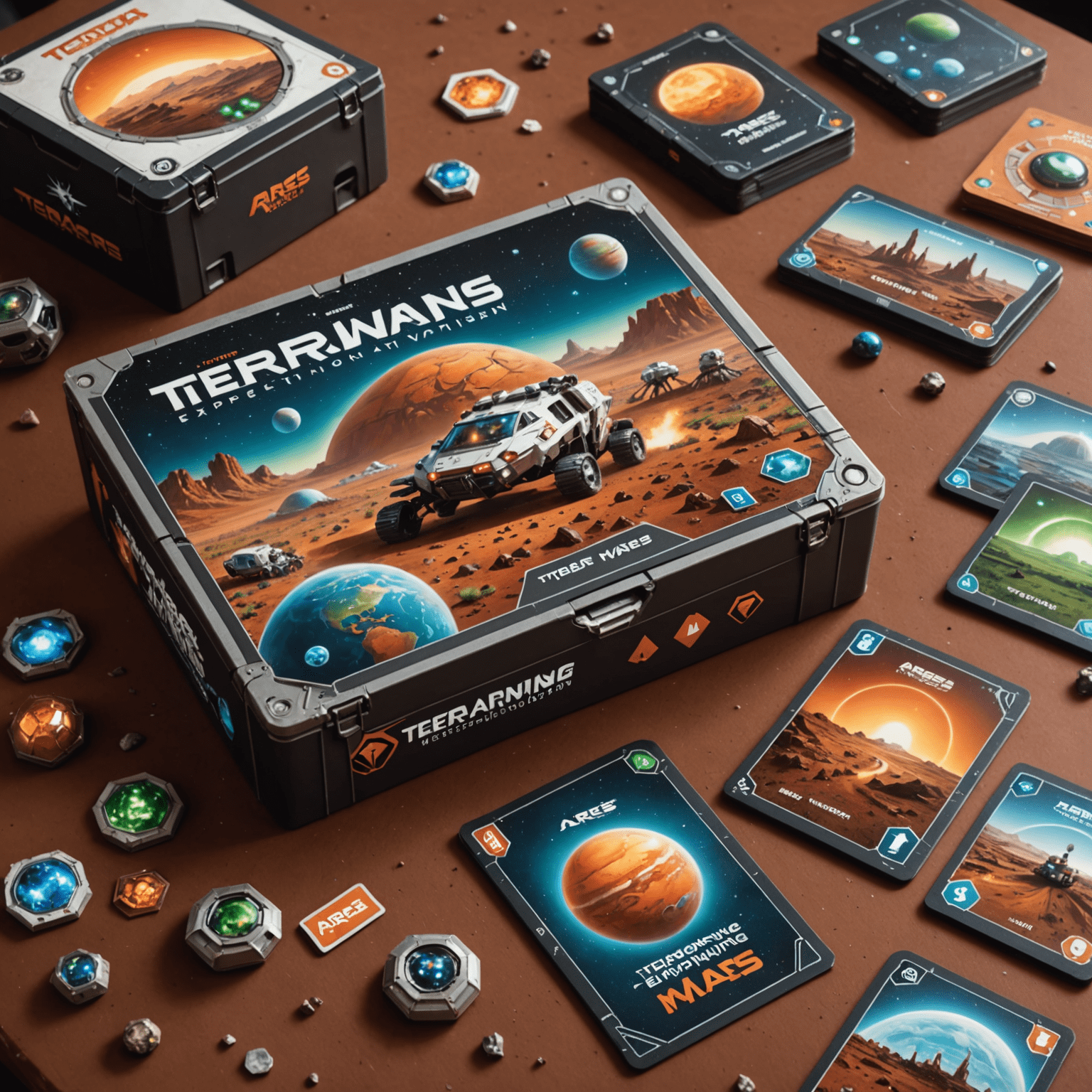 Terraforming Mars: Ares Expedition game box and components, showing cards with futuristic Martian landscapes and technology