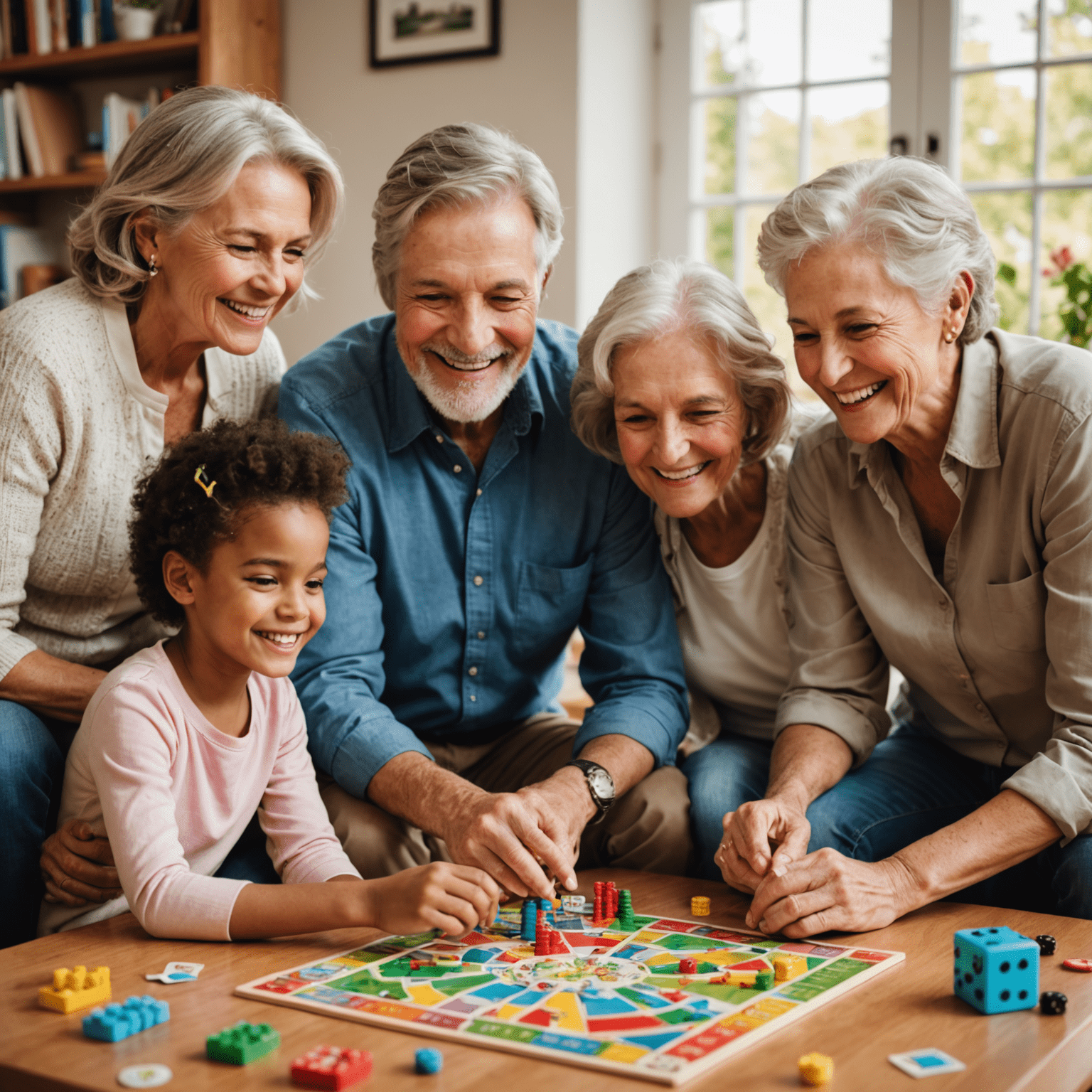 A family of various ages gathered around a table, smiling and playing a colorful board game. The image showcases multiple generations enjoying quality time together.