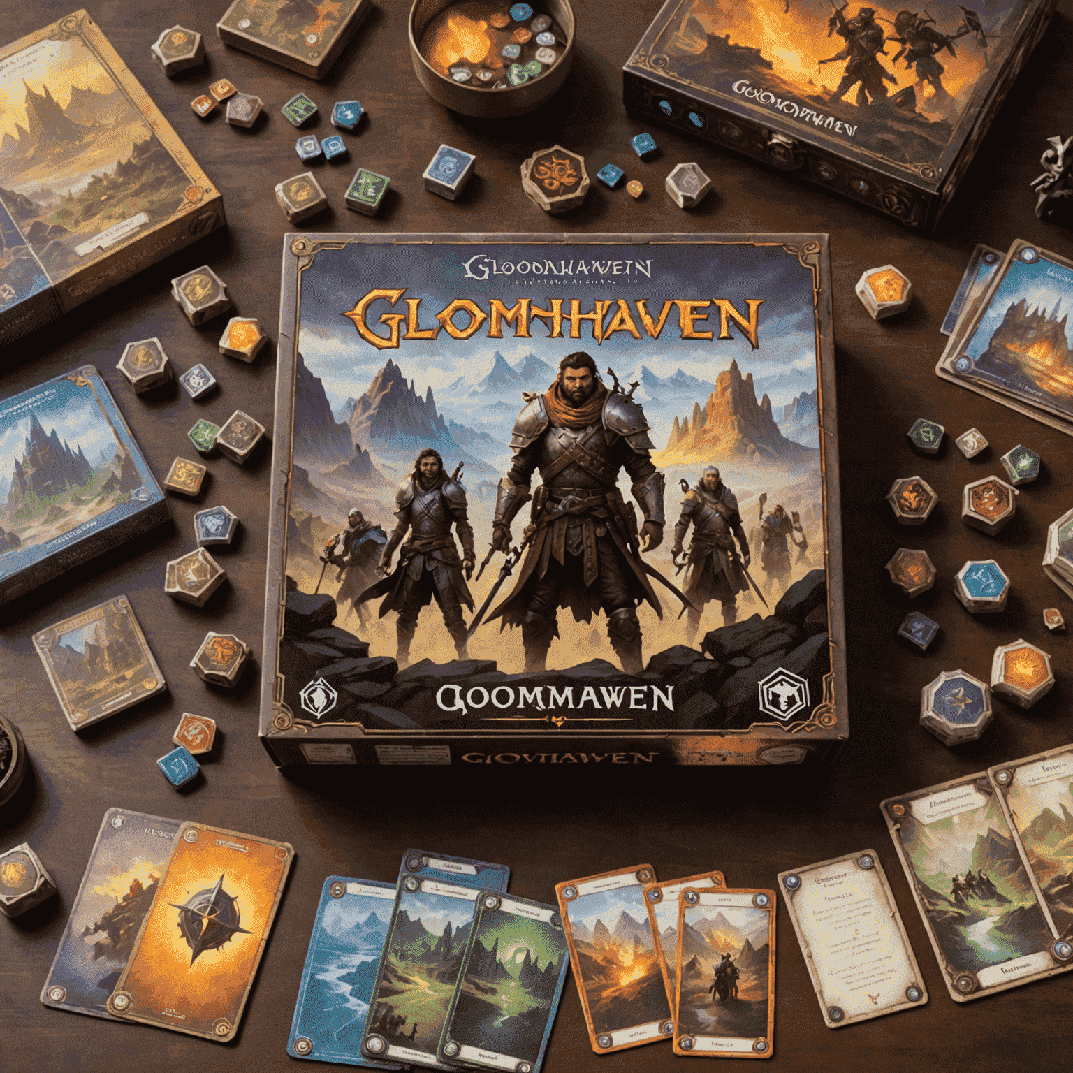 Gloomhaven game box and components spread out on a table, showcasing its intricate miniatures, cards, and map tiles