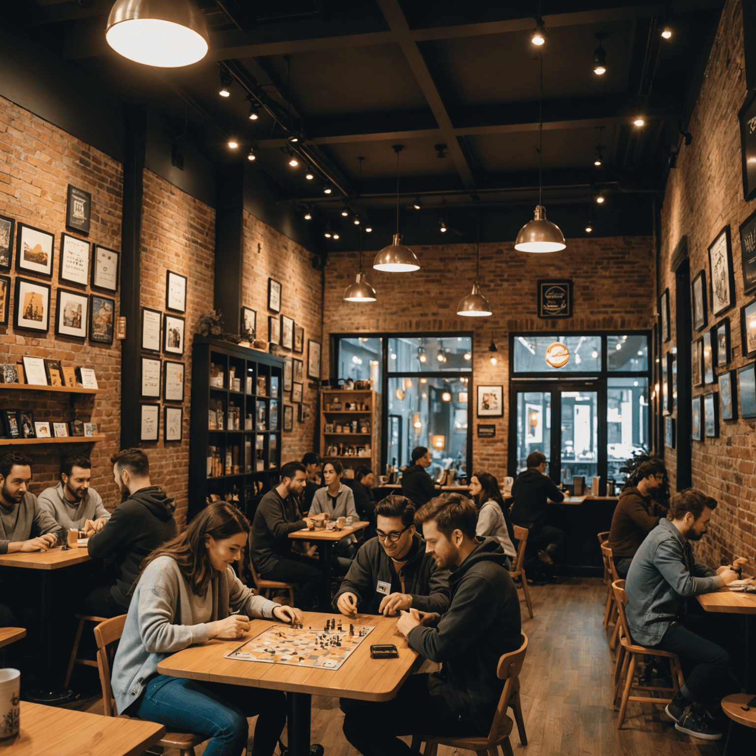 A cozy board game cafe in Toronto with people playing various games at tables