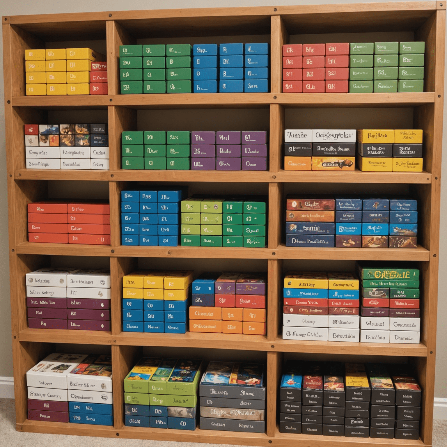 A well-organized board game shelf with various sized boxes neatly arranged, color-coded, and labeled