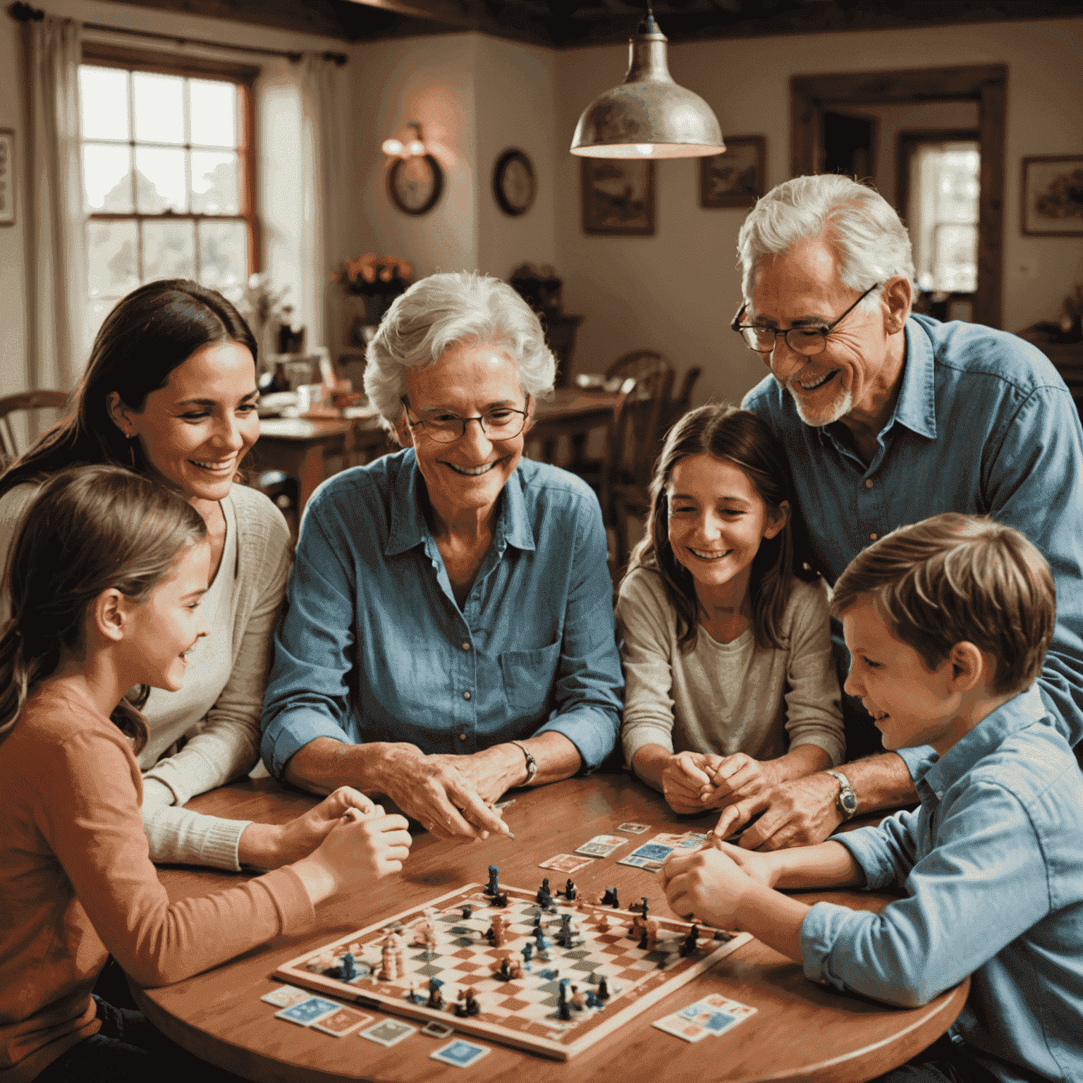 A happy family gathered around a table playing board games, with players of various ages from children to grandparents