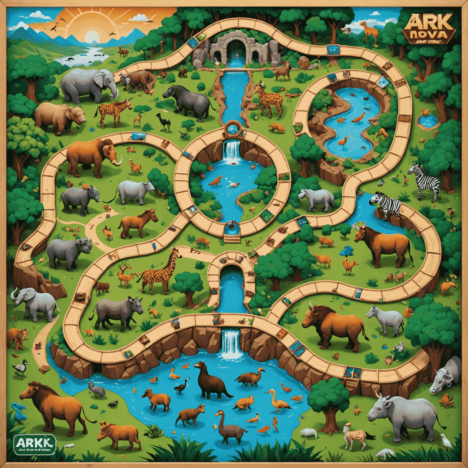 Ark Nova game board featuring a colorful zoo layout with various animal enclosures and park attractions
