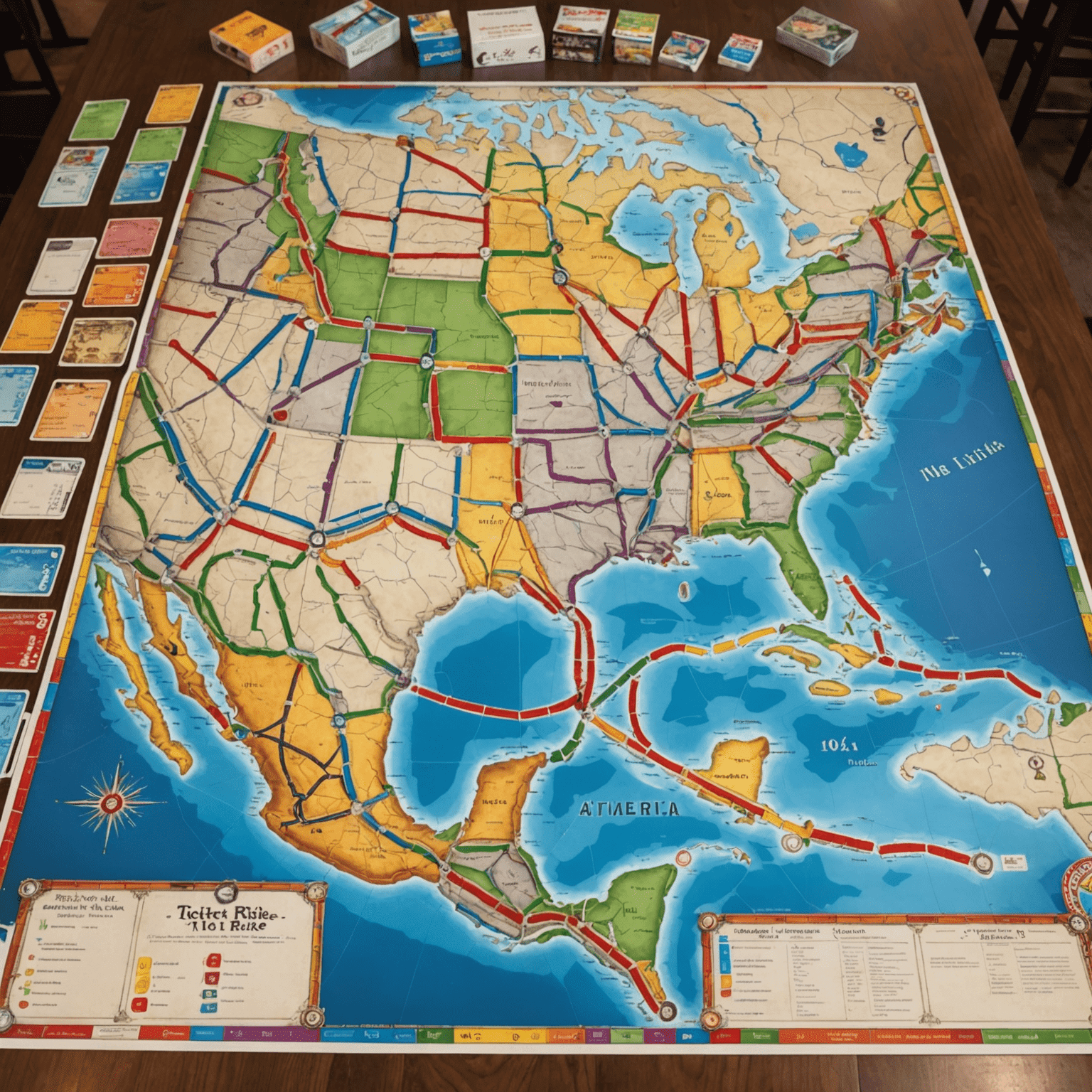 The Ticket to Ride game board set up on a table, showing colorful train routes across a map of North America.