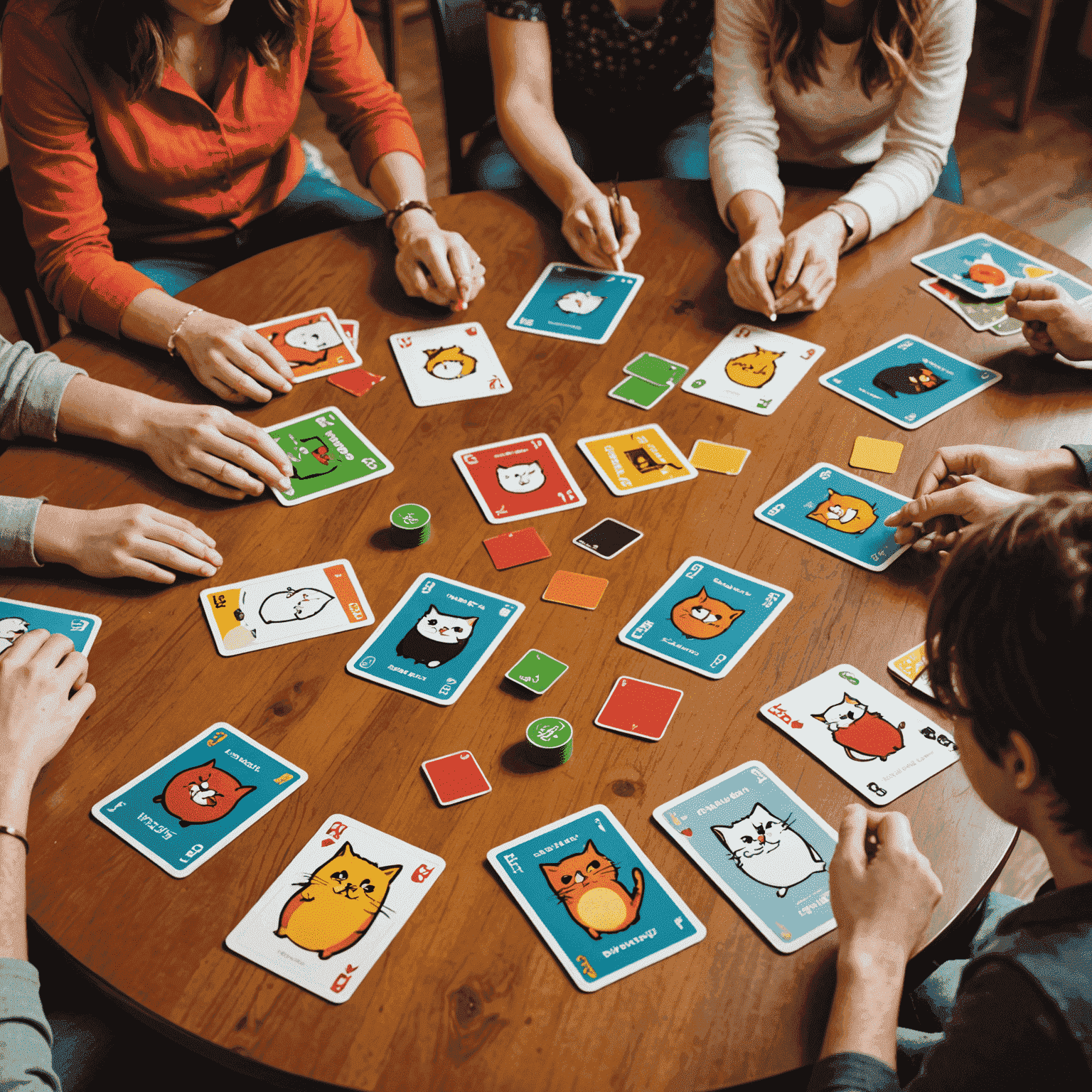 Exploding Kittens card game being played, with colorful cat-themed cards spread on a table and players laughing