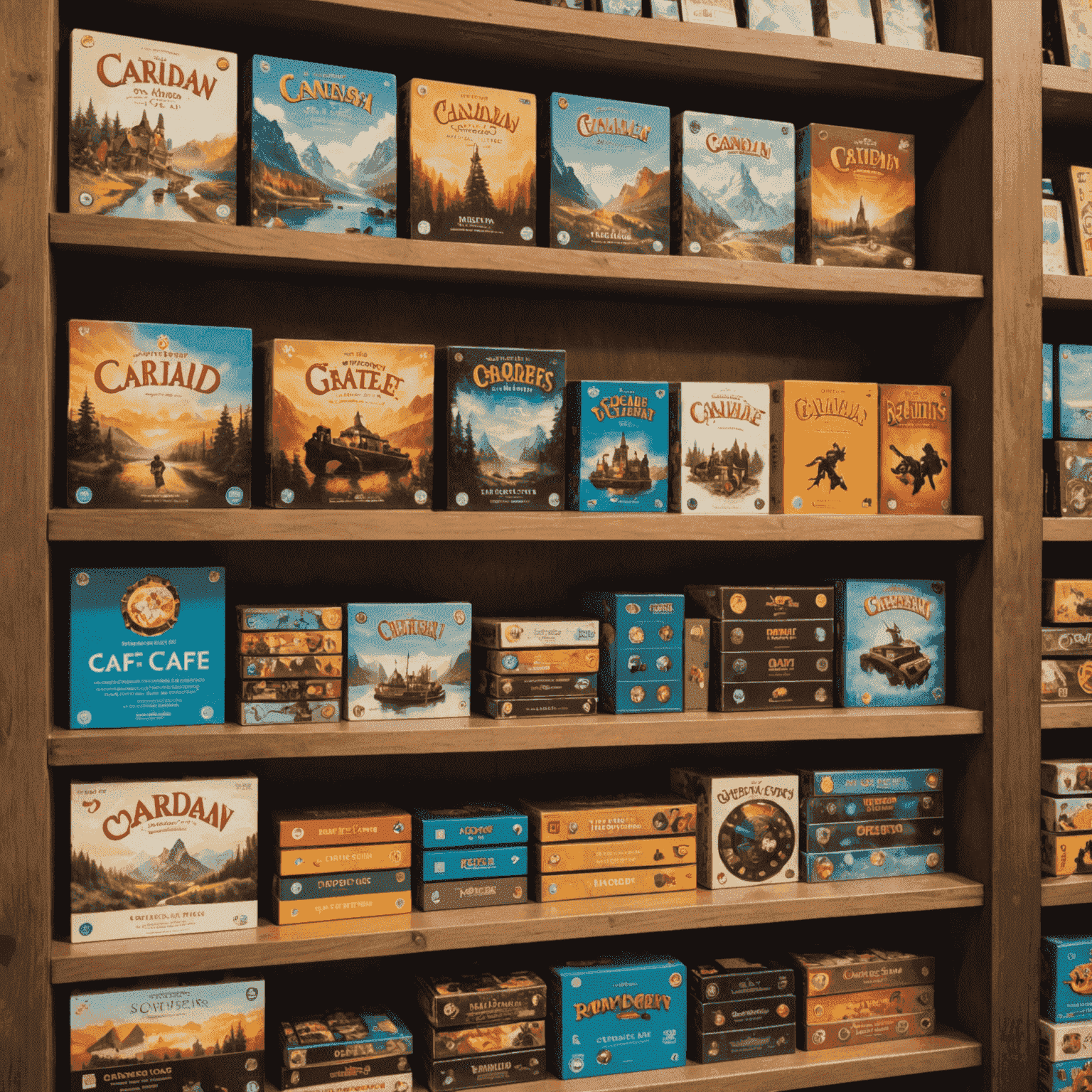 A diverse collection of board games stacked on shelves in a Canadian board game cafe