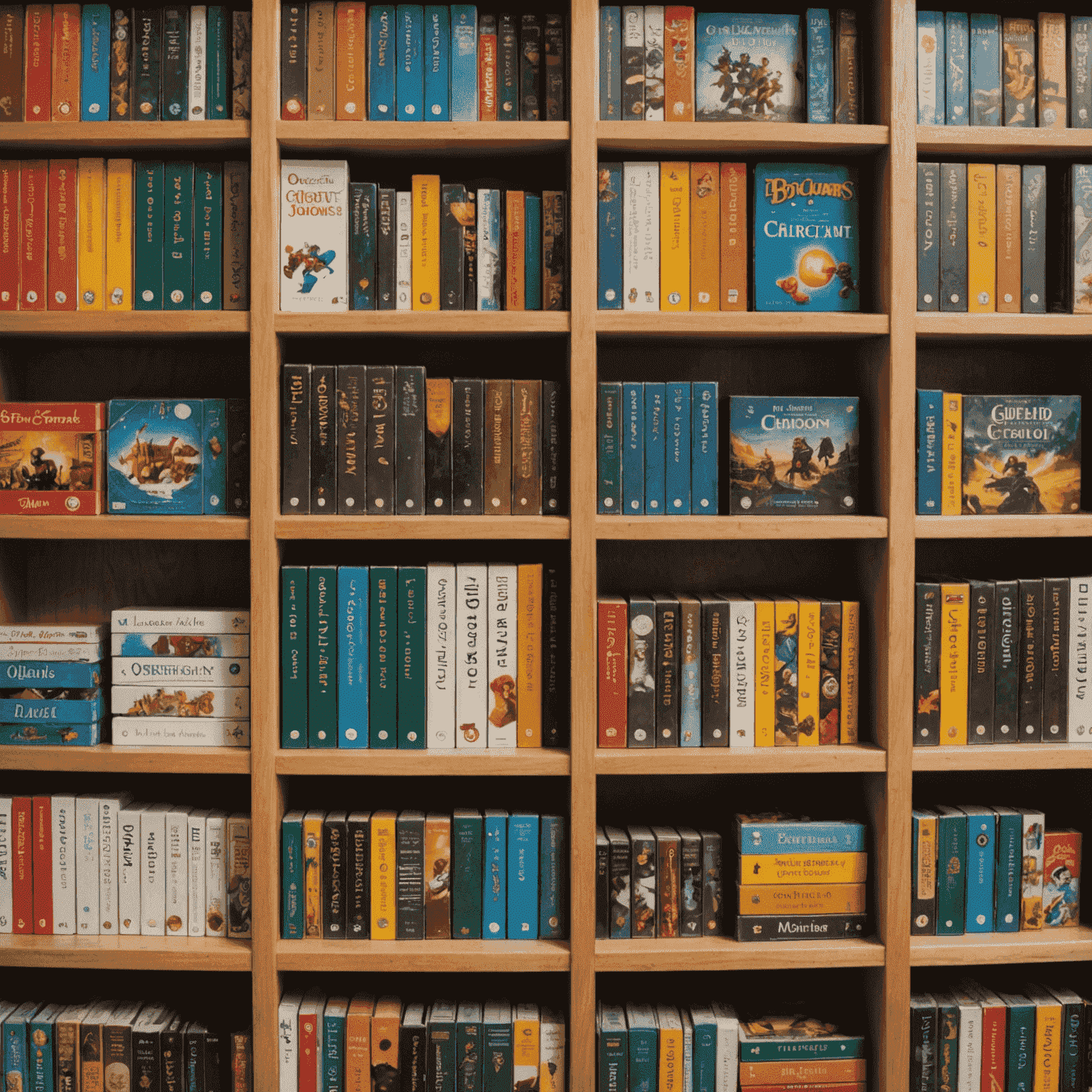 A close-up of board games stored vertically on a shelf, with their titles clearly visible
