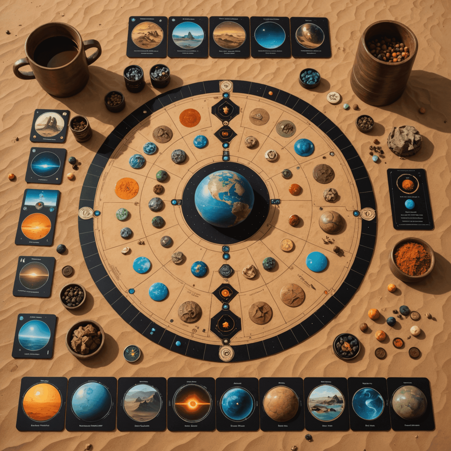 Dune: Imperium game setup with a detailed board representing the planet Arrakis, character cards, and spice tokens