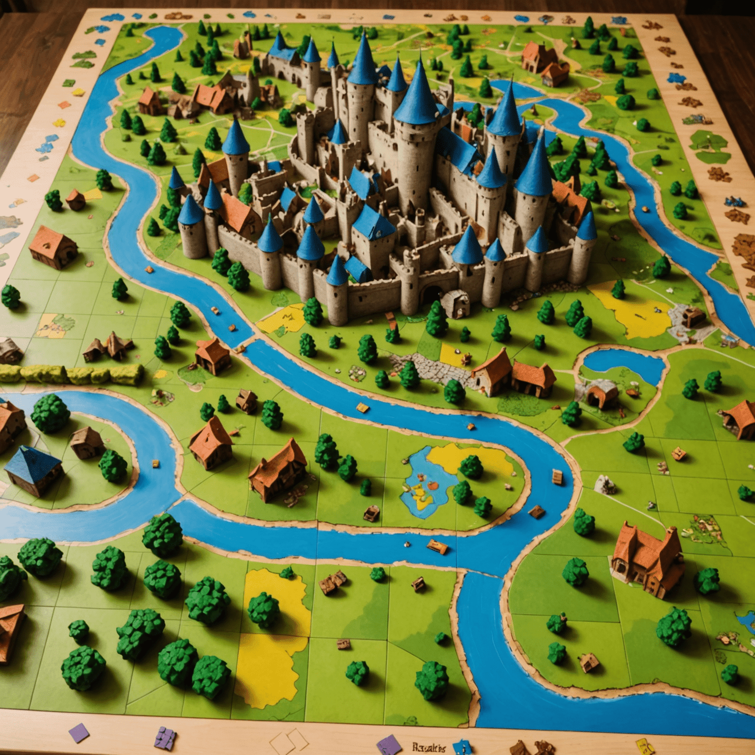 A partially completed Carcassonne game board showing a medieval landscape with castles, roads, and fields, along with colorful meeples placed strategically.