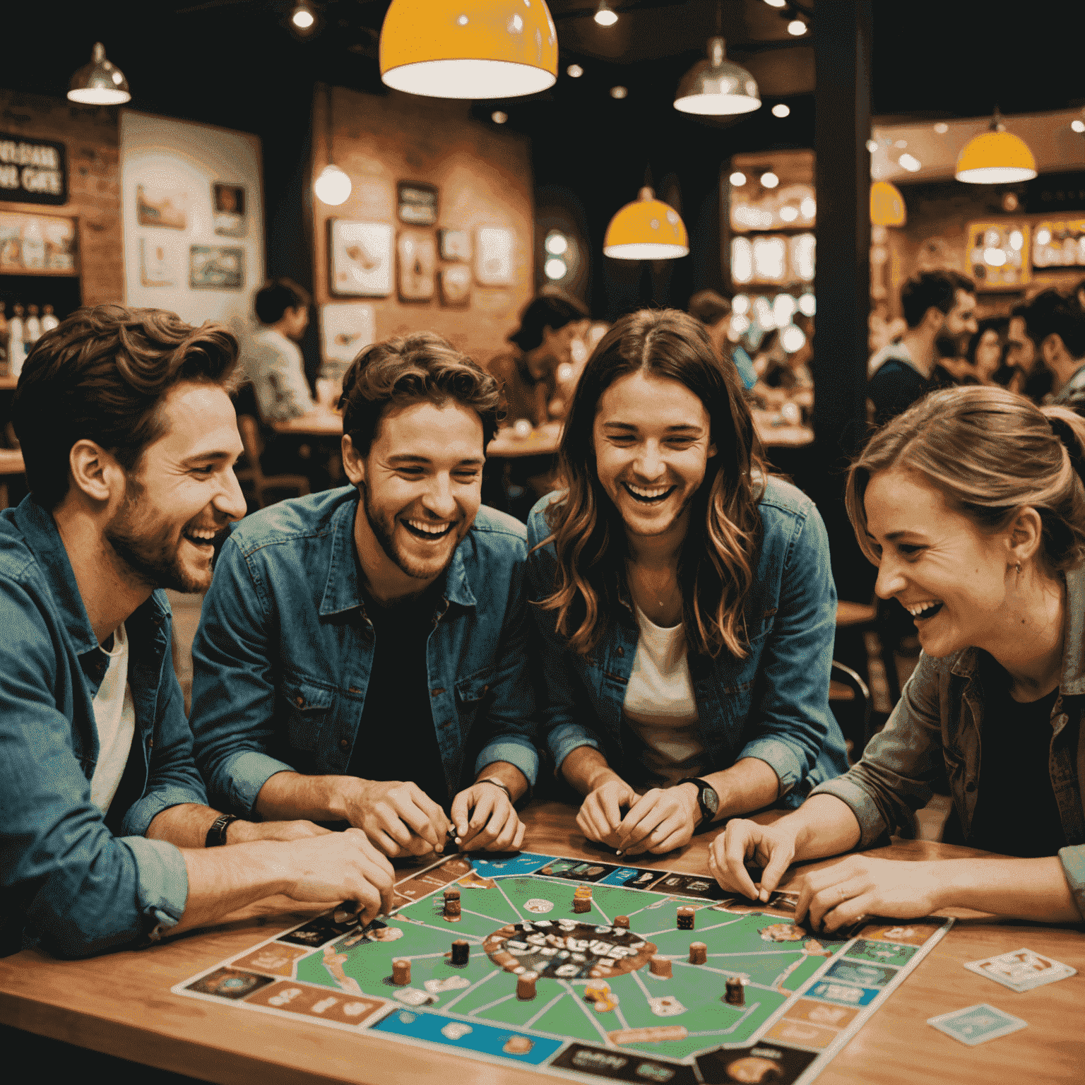 A group of friends laughing and playing a board game at a table in a Canadian board game cafe