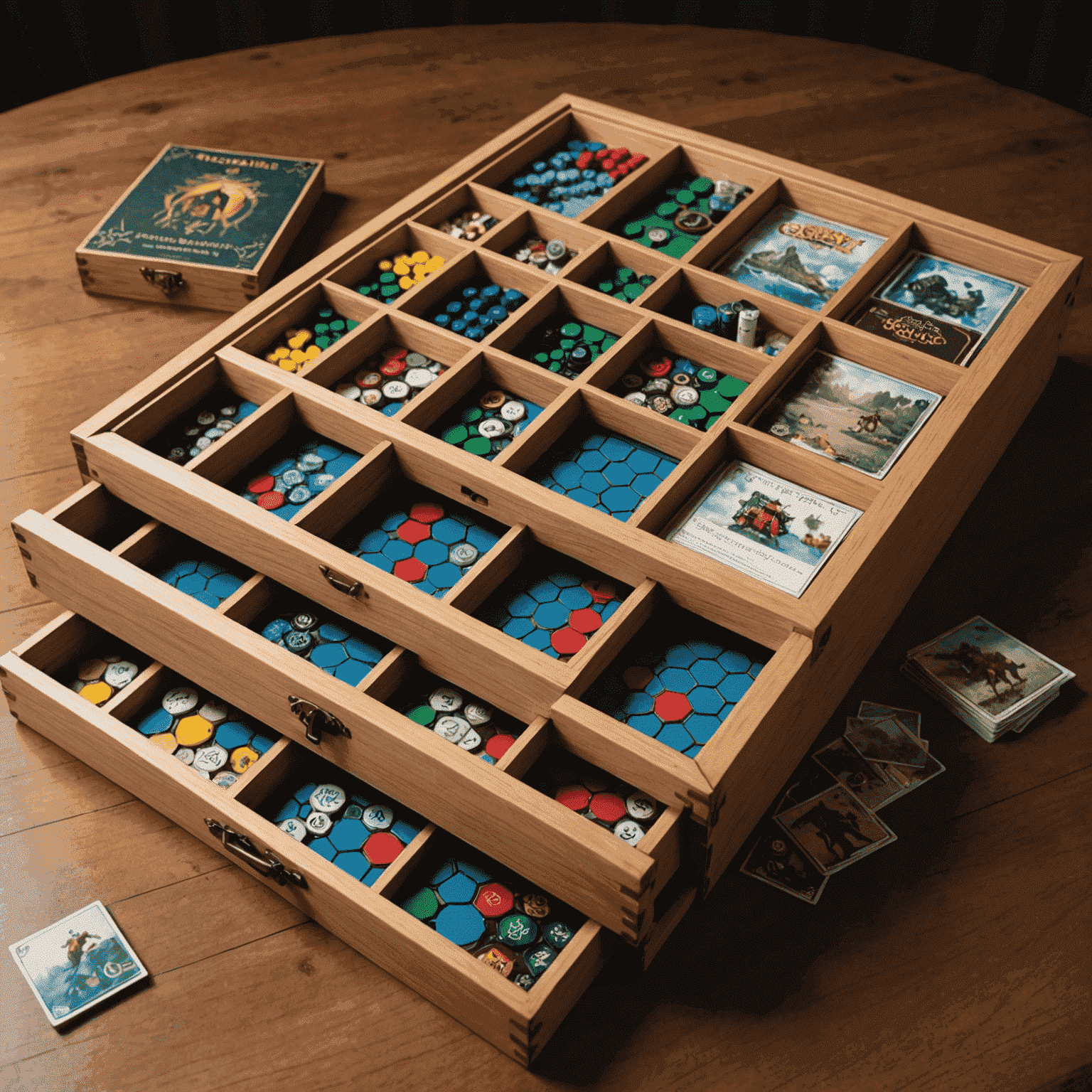 An open board game box with custom-made inserts neatly organizing all game components