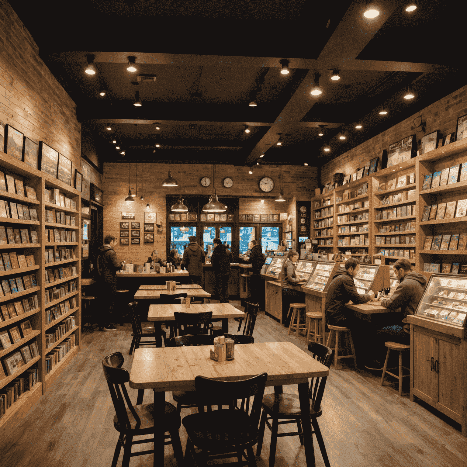 Interior of a cozy board game cafe in Canada, with shelves full of games and people playing at tables