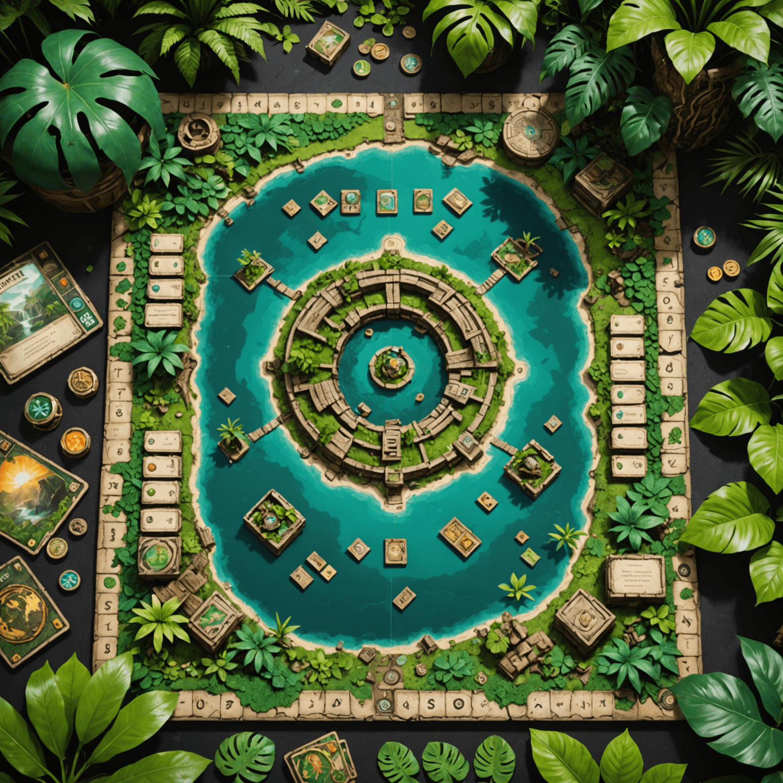 Lost Ruins of Arnak game board showing a lush jungle island with ancient ruins, expedition cards, and resource tokens