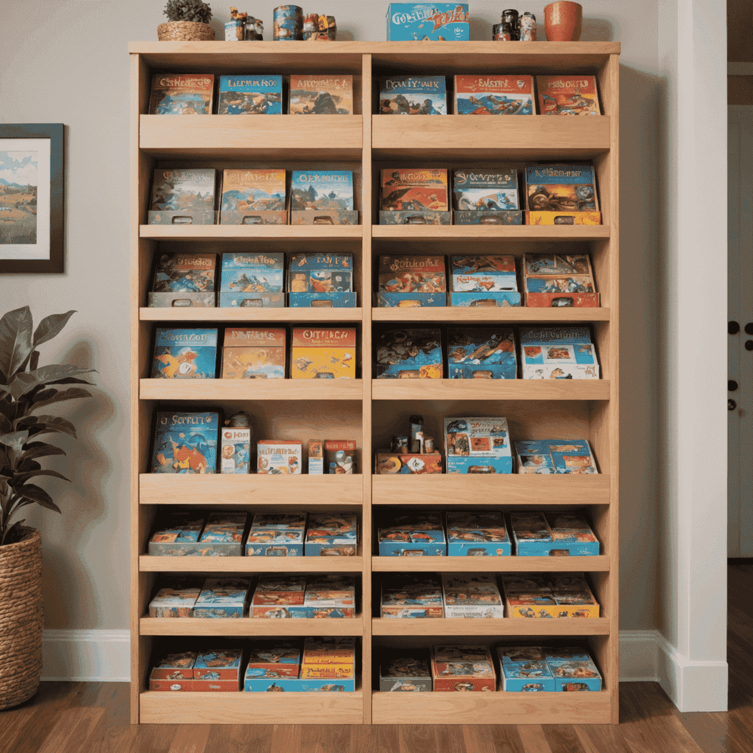 A well-organized board game shelf with custom storage solutions and neatly arranged game boxes