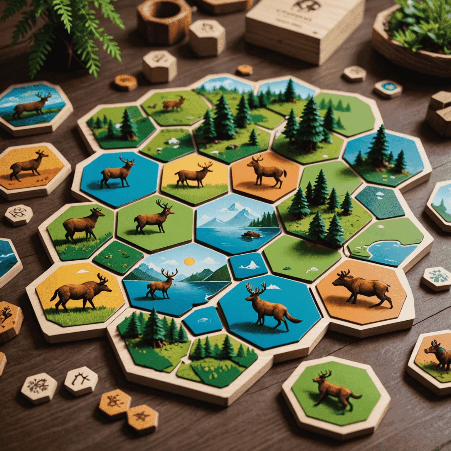 Cascadia game components including hexagonal terrain tiles with beautiful nature illustrations and wooden animal tokens