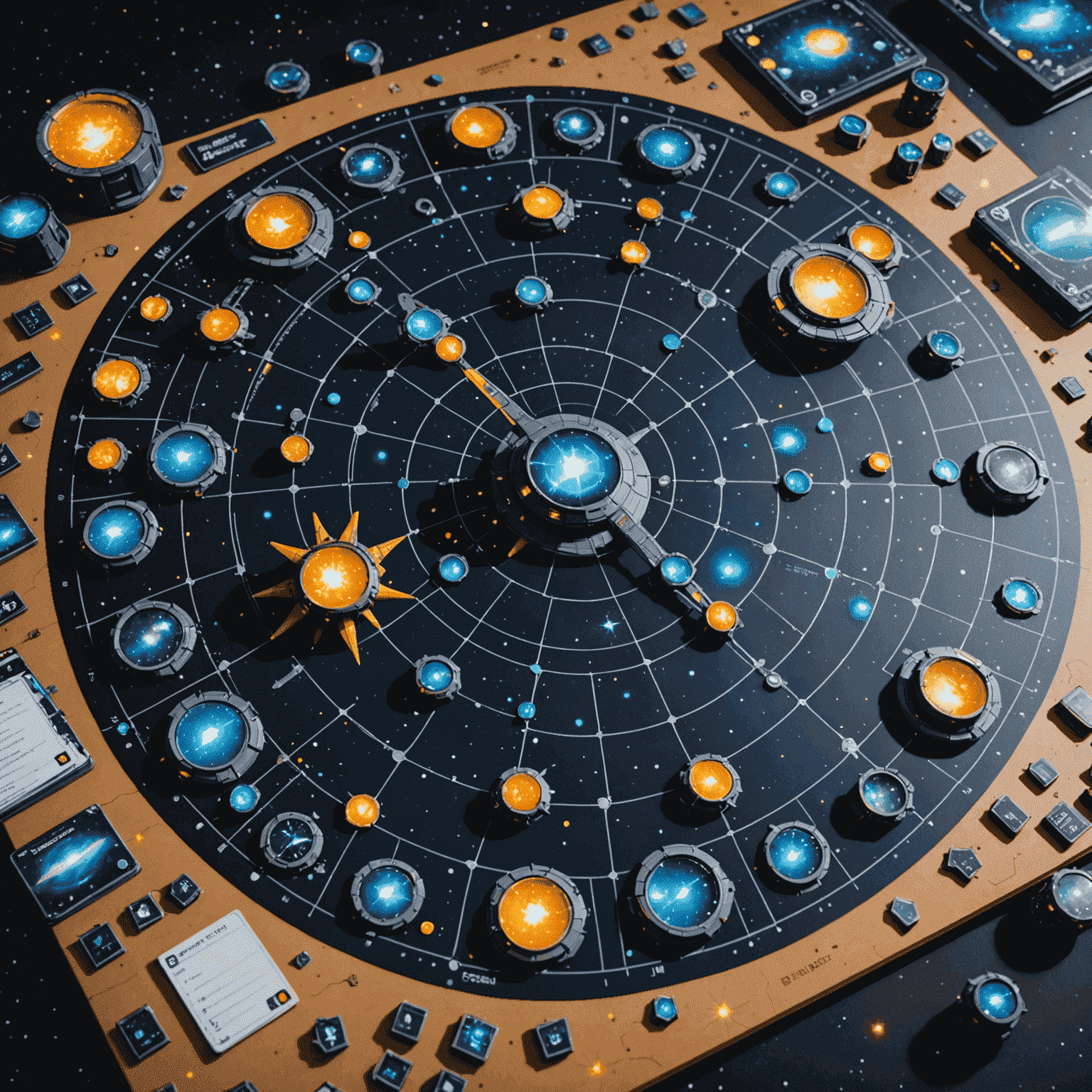 Beyond the Sun game board featuring a vast star map, technology cards, and spaceship miniatures