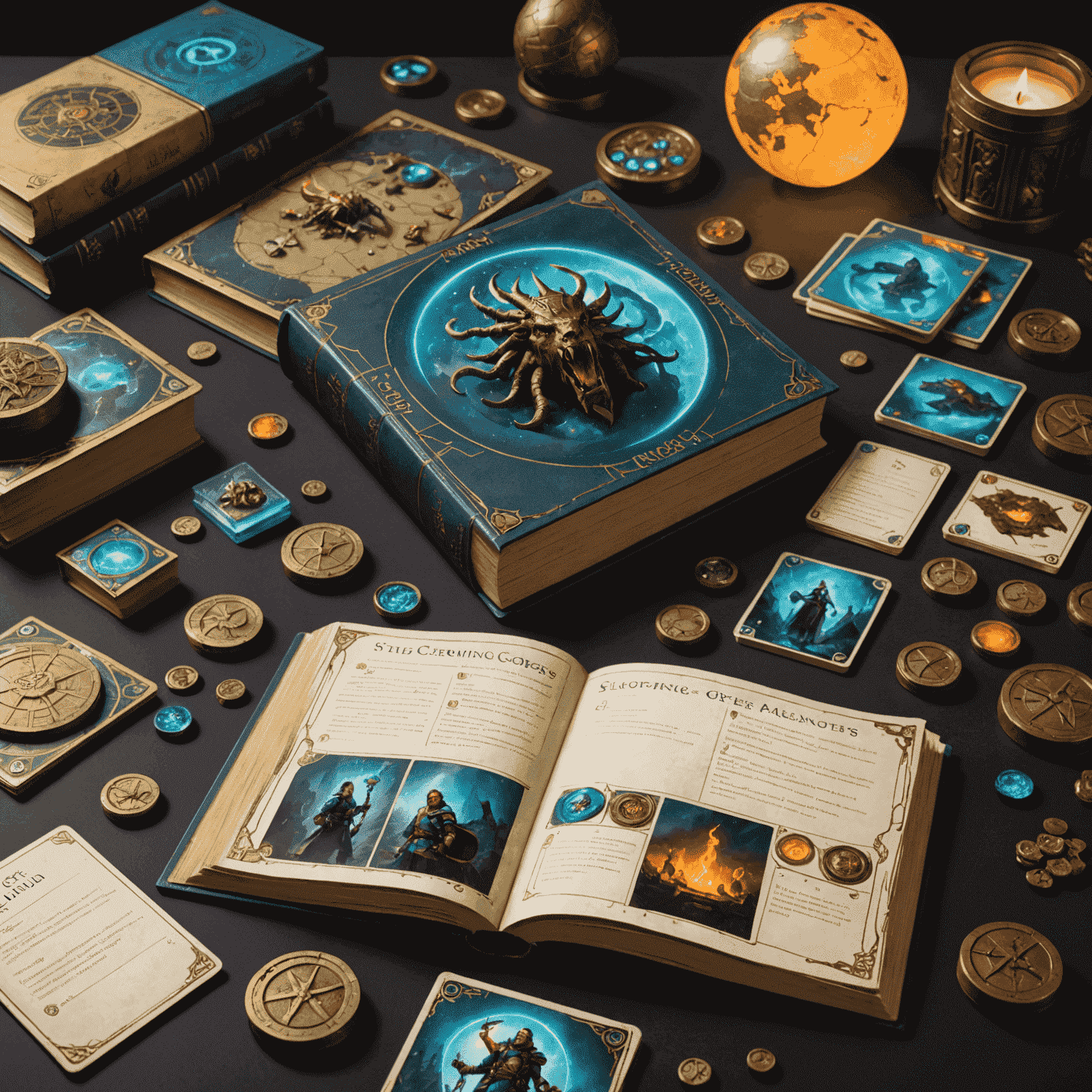 Sleeping Gods game components including a large atlas book, character cards, and various tokens representing items and abilities
