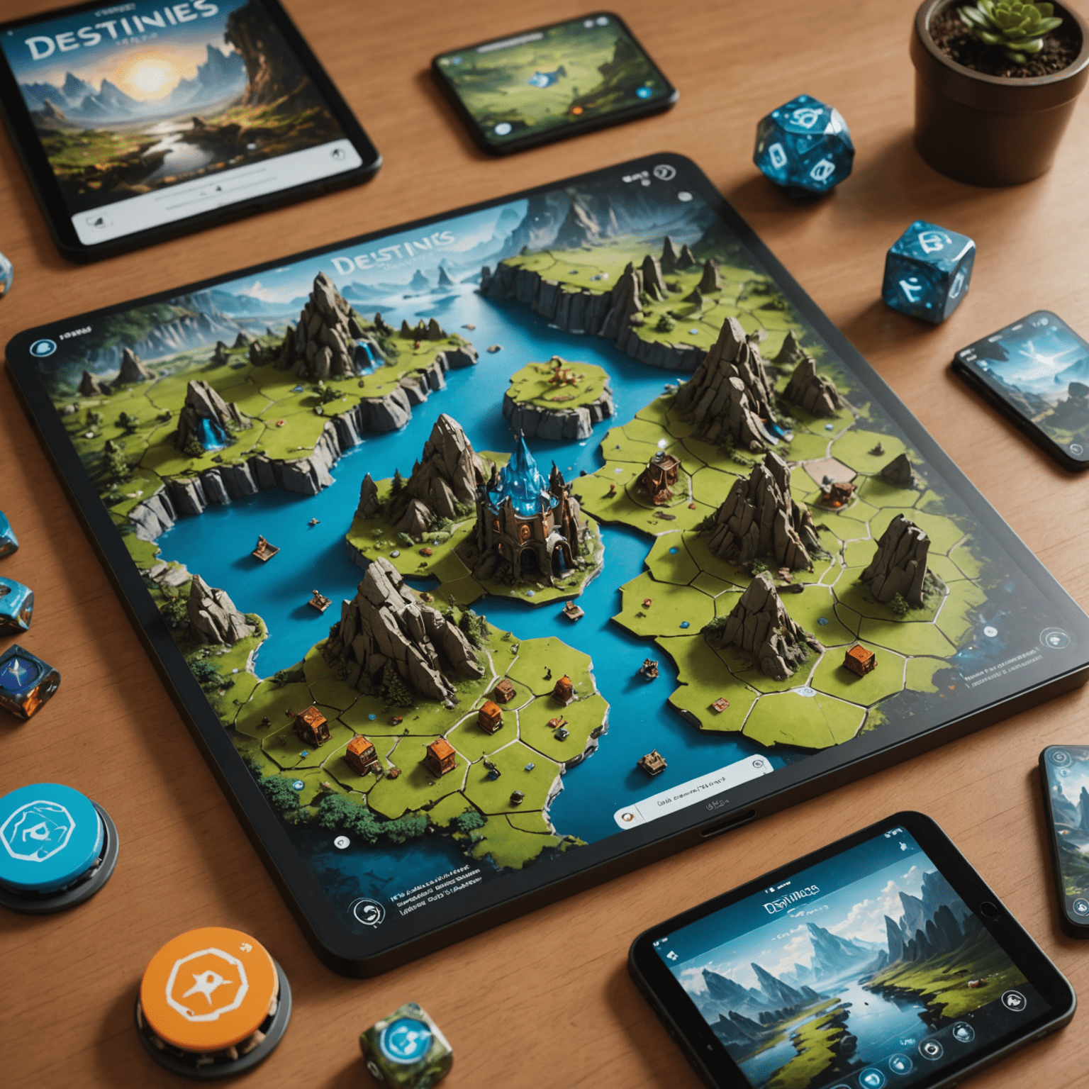 Destinies game components including a modular board representing a fantasy landscape, character miniatures, and a tablet showing the companion app