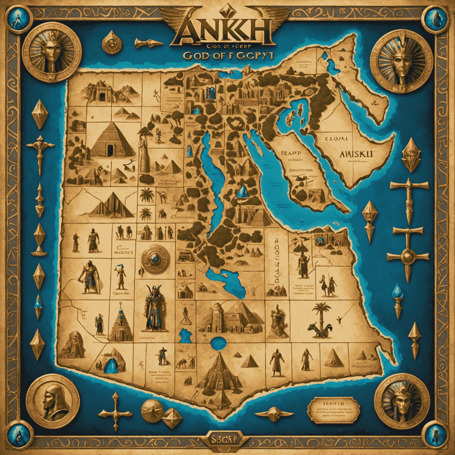 Ankh: Gods of Egypt game board featuring a map of ancient Egypt, detailed miniatures of gods and mythical creatures, and conflict resolution tokens